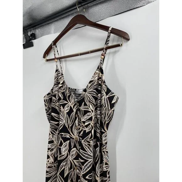 Zara Womens Large Sleeveless Maxi Dress Linen Blend Black White Leaf Print Chic - Picture 6 of 11